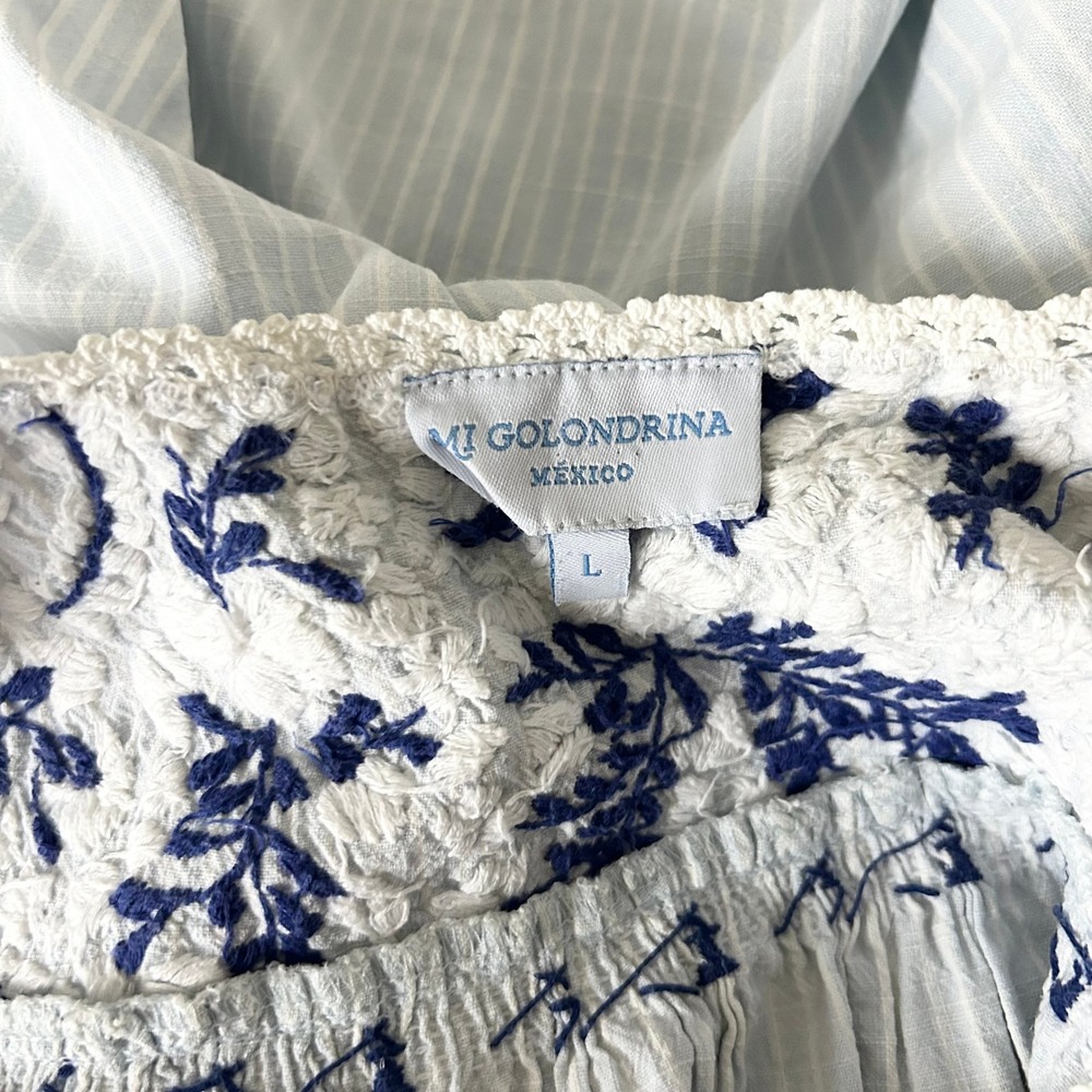 Mi Golondrina Hand Embroidered Tunic Dress Blue White Striped Size Large - Picture 10 of 10